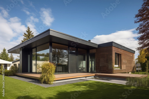 Exterior of a modern cozy house with large windows and lawn. Generative AI