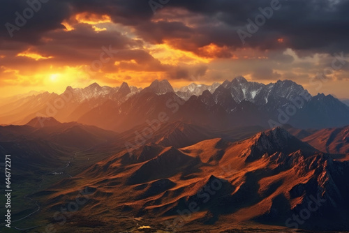 A panoramic view of a mountain under the golden sunset. Generative AI © barmaleeva
