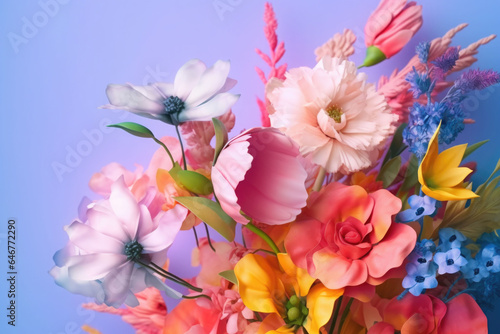 Spring blooming delicate flowers festive background. Pastel and soft bouquet. Generative AI