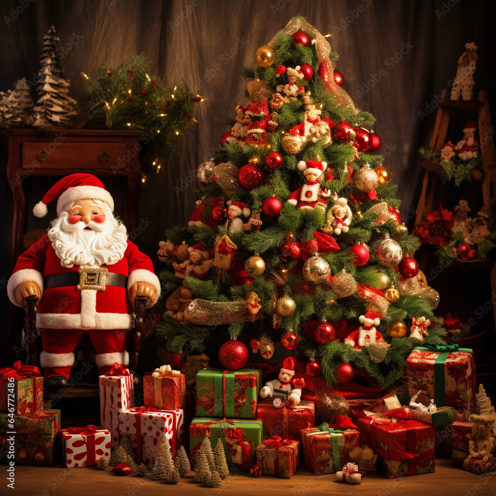 Merry Christmas decoration with Santa Claus and Christmas tree - ai generative