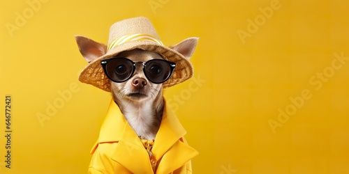 Cool looking Chihuahua dog wearing funky fashion dress. space for text right side. © ABDULHAMID