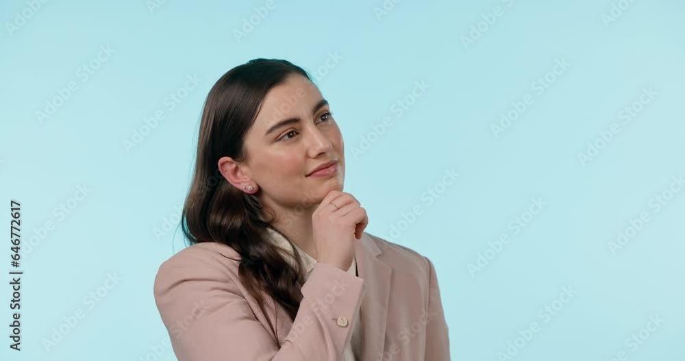Thinking, face and business woman in studio confused by choice, strategy or faq on blue background. Why, idea and female manager with startup planning, questions or emoji, doubt and solution decision Thinking, face and business woman in studio confused by choice, strategy or faq on blue background. Why, idea and female manager with startup planning, questions or emoji, doubt and solution decision