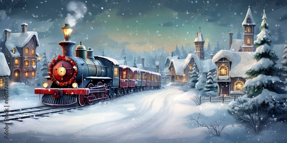 19th century train going throw a village in winter with a snow background. - obrazy, fototapety, plakaty 