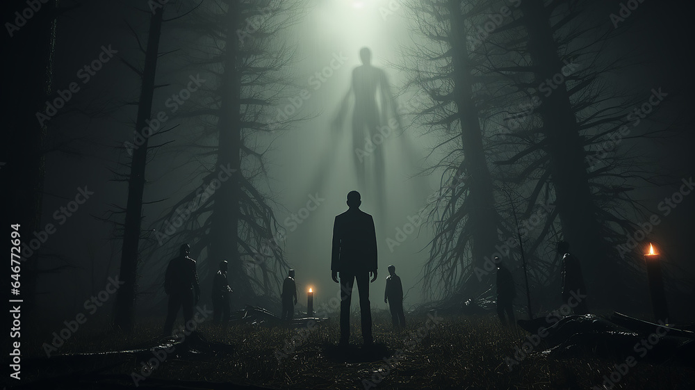 Horror a lonely silhouette in a gloomy foggy forest, maniac thriller the darkness of the night Horror a lonely silhouette in a gloomy foggy forest, maniac thriller the darkness of the night