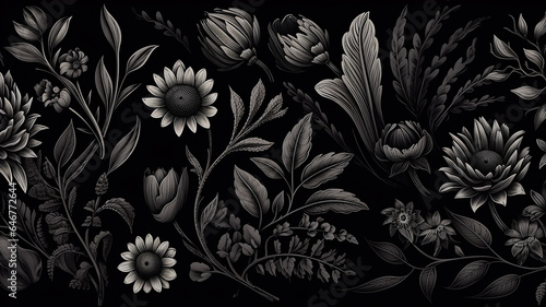 black flowers ornament on dark background gothic style