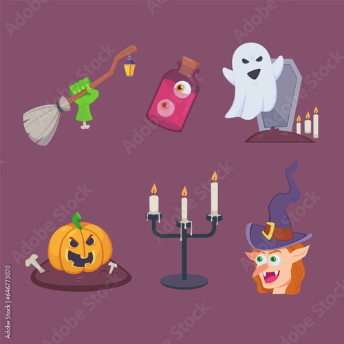 Funny Halloween decorations vector illustrations set. Hand with broom, eyes in bottle, scary ghost, carved pumpkin, candles and witch on purple background. Halloween, holiday concept
