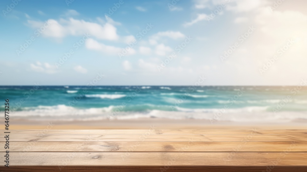 Fototapeta premium Mock up with empty wooden desk on blurred tropical background with sand or ocean. Background for product presentation or showcase