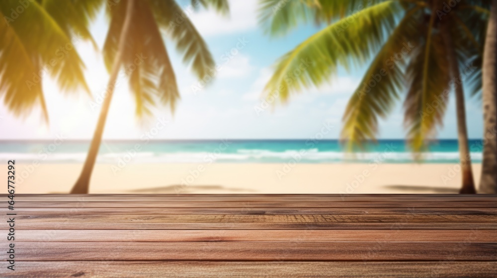 Mock up with empty wooden desk on blurred tropical background with sand or ocean and palm trees. Background for product presentation or showcase Mock up with empty wooden desk on blurred tropical background with sand or ocean and palm trees. Background for product presentation or showcase