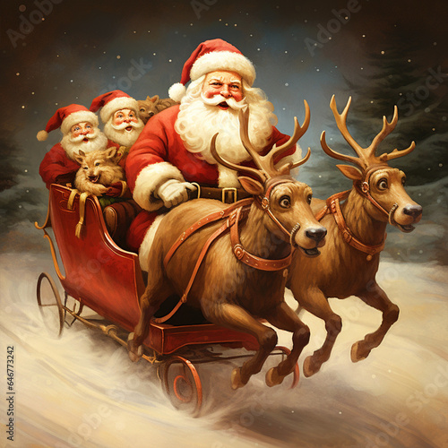 Santa Claus in sleigh with reindeers - ai generative