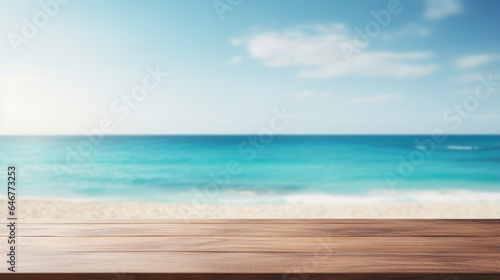 Mock up with empty wooden desk on blurred tropical background with sand or ocean. Background for product presentation or showcase © eireenz