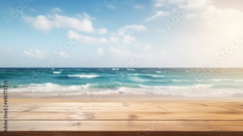 Mock up with empty wooden desk on blurred tropical background with sand or ocean. Background for product presentation or showcase