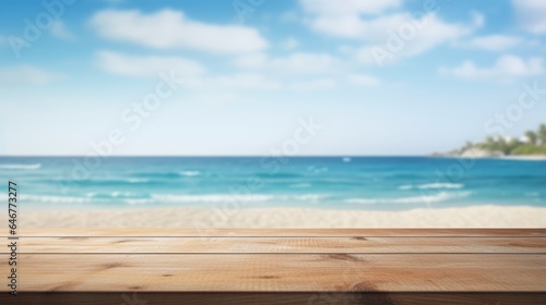 Mock up with empty wooden desk on blurred tropical background with sand or ocean. Background for product presentation or showcase