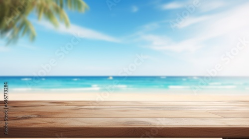 Mock up with empty wooden desk on blurred tropical background with sand or ocean and palm trees. Background for product presentation or showcase © eireenz