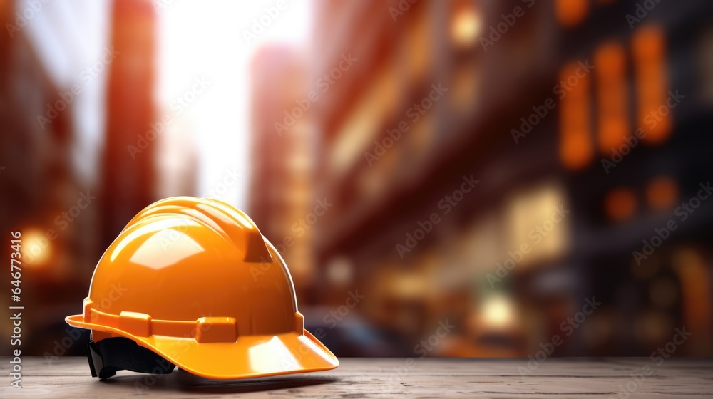 Construction helmet on blurred background of construction site. Hard safety wear head protection concept Construction helmet on blurred background of construction site. Hard safety wear head protection concept