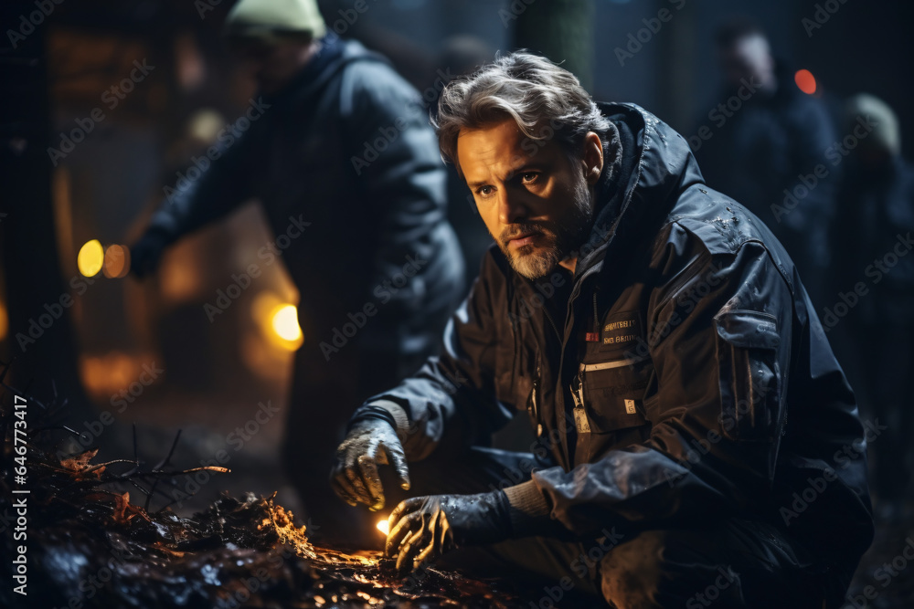 Crime Scene at Night: Crime Scene Investigation Team Working on a Murder. Crime Scene at Night: Crime Scene Investigation Team Working on a Murder.