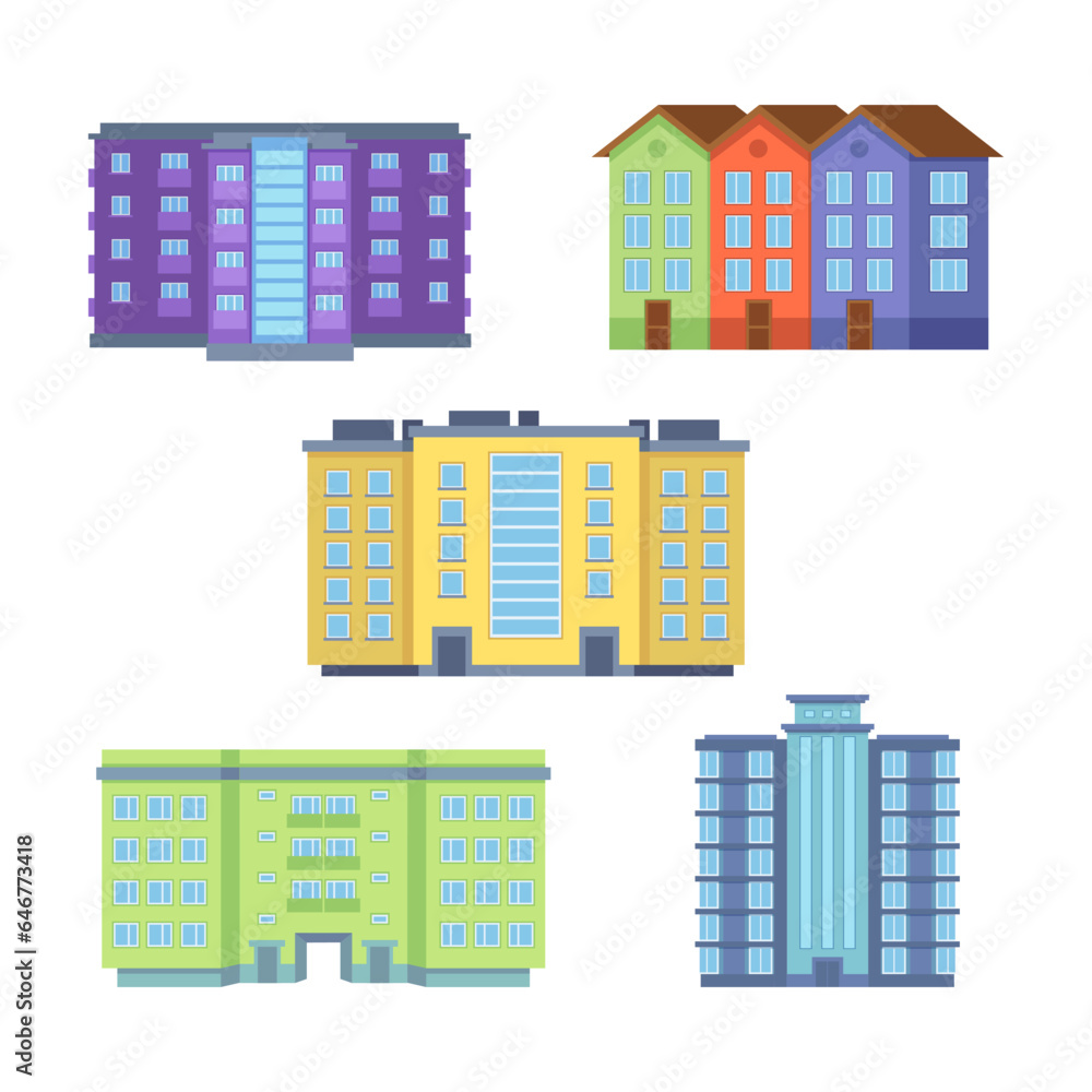 Colorful apartment buildings vector illustrations set. Collection of cartoon drawings of urban buildings as accommodation. Architecture, city life, real estate or property concept