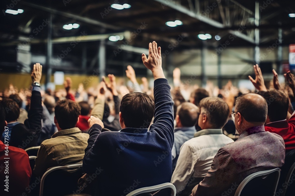 Obraz premium Back view of crowd of people raising hands on a seminar in convention center