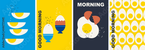 Egg collection. Decorative abstract flat vector illustration with eggs. Fried egg. Boiled chicken egg in cup, cooked and cut into pieces. Eggs set. Perfect background for menu, posters, cover design.