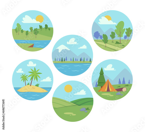 Summer landscapes as holiday locations vector illustrations set. Collection of cartoon drawings of island, campsite, rivers or lakes, countryside, fields. Nature, vacation, recreation concept