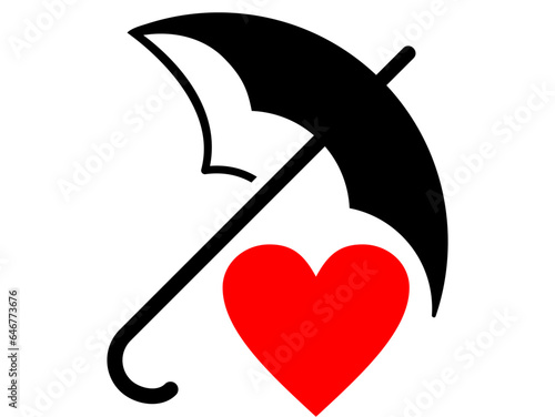 Heart icon under umbrella. Black and White line art style, editable vector file on transparent background. Insurance, security , protection and love concept