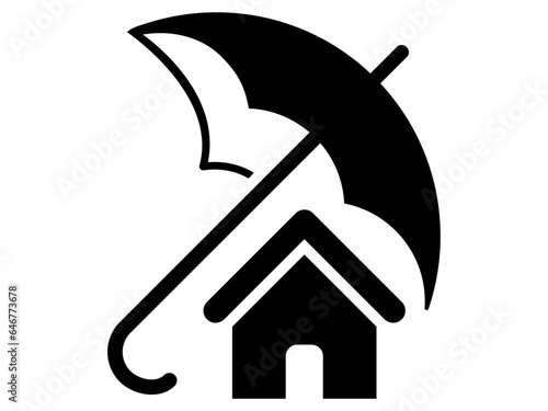 House icon under umbrella. Black and White line art style, editable vector file on transparent background. Insurance, security and protection concept