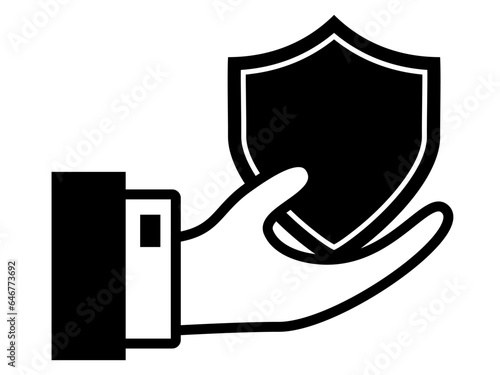 Shield in a hand icon. Black and White line art style, editable vector file on transparent background. Insurance and protection concept