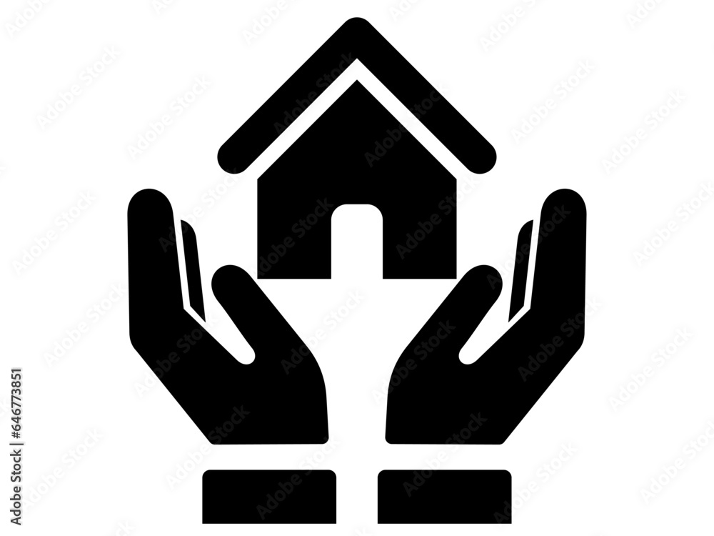 House Sign between hands icon. Black and White line art style, editable vector file on transparent background. Mortgage, insurance, support concept House Sign between hands icon. Black and White line art style, editable vector file on transparent background. Mortgage, insurance, support concept