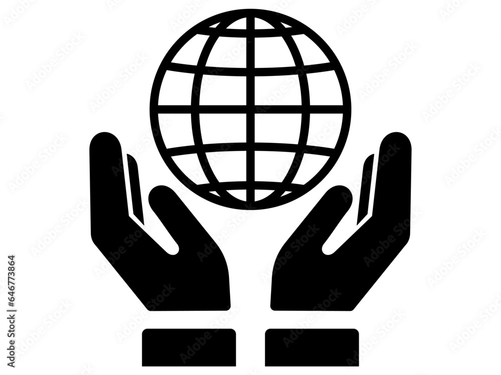 World map Sign between hands icon. Black and White line art style, editable vector file on transparent background. Education, insurance, support concept World map Sign between hands icon. Black and White line art style, editable vector file on transparent background. Education, insurance, support concept