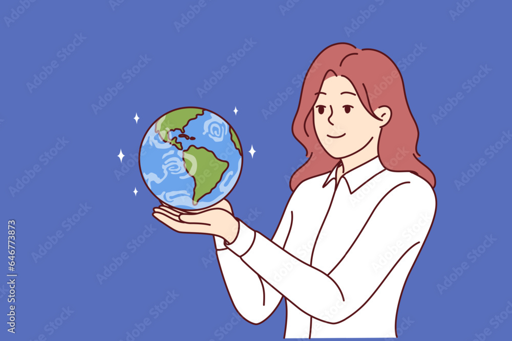 Fototapeta premium Business woman holding miniature planet earth dreaming of starting international company or global business. Girl with smile looks at globe with continents and dreams of going on trip around world.
