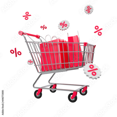 Chrome shopping trolley with red bags and flying percentages. Christmas and New Year's Day event concept. Concept of sale event or promotion great discount. 3d rendering.