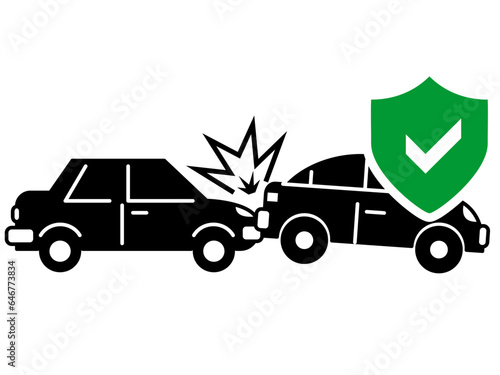 Accident vehicles and check symbol inside shield. Black and White line art style, editable vector file on transparent background. Insurance concept