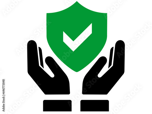 Shield and check Sign between hands icon. Black and White line art style, editable vector file on transparent background. Education, insurance, support concept
