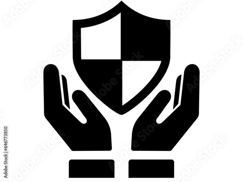 Shield Sign between hands icon. Black and White line art style, editable vector file on transparent background. insurance, support concept