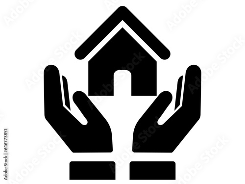 House Sign between hands icon. Black and White line art style, editable vector file on transparent background. Mortgage, insurance, support concept