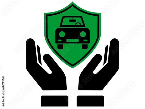 Car with shield Sign between hands icon. Black and White line art style, editable vector file on transparent background. Car, Auto insurance, support concept