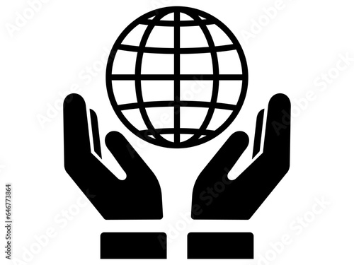 World map Sign between hands icon. Black and White line art style, editable vector file on transparent background. Education, insurance, support concept