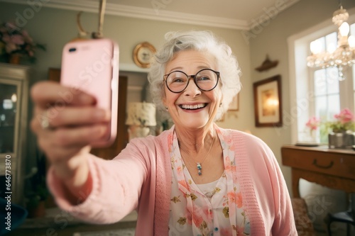 Senior woman taking selfie at home - camera view, photo