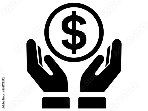 Dollar Sign between hands icon. Black and White line art style, editable vector file on transparent background. Money, insurance, support concept