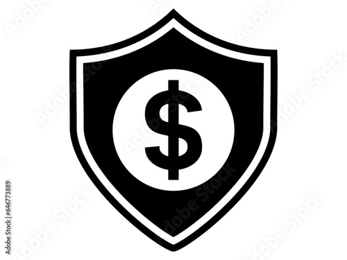 Shield with Dollar sign. Security, insurance, healthcare and support concept. Black and White line art style, editable vector file on transparent background. 