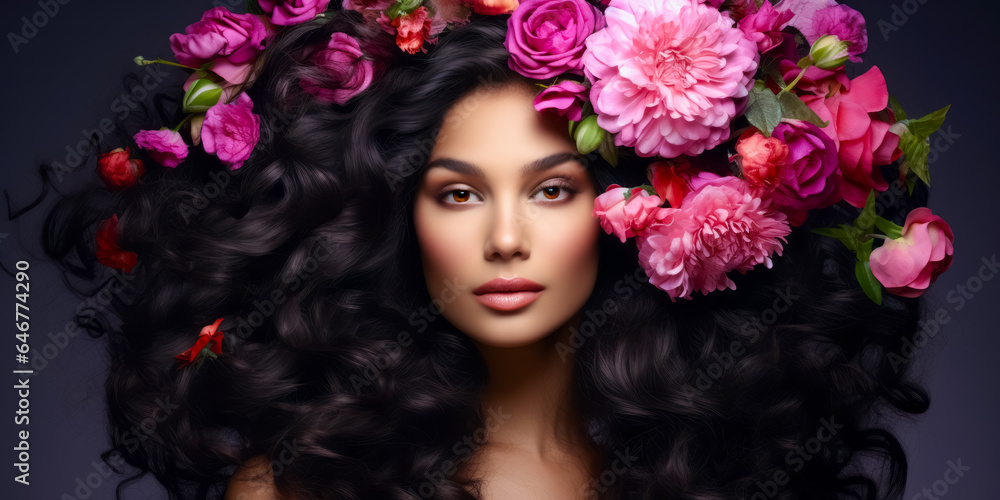 brunette with gorgeous voluminous long dense hair. flowers in hair. hair dye, hairstyle, haircare brunette with gorgeous voluminous long dense hair. flowers in hair. hair dye, hairstyle, haircare