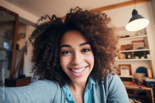 black woman taking selfie at home photo