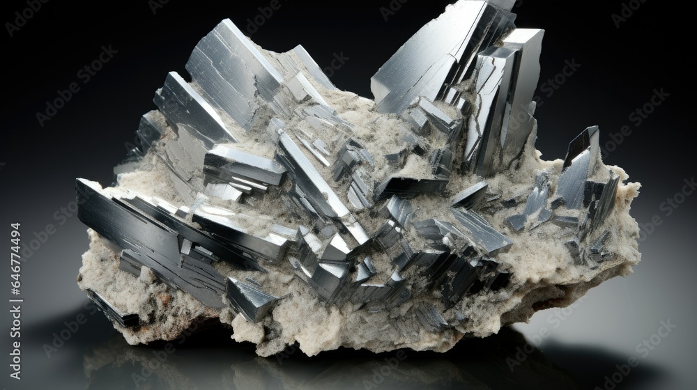 Shiny silver mineral with intricate crystalline structures reflecting light from multiple angles. Macro close-up of a lustrous mineral with a metallic luster.