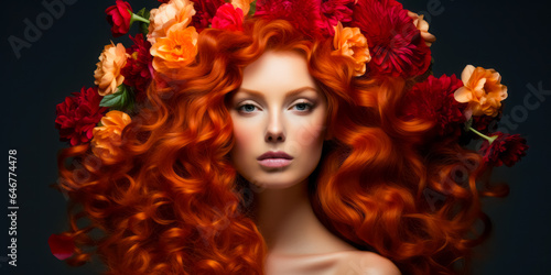 beautiful gorgeous red-haired girl with flowers in volume hair and with blue eyes. beauty concept
