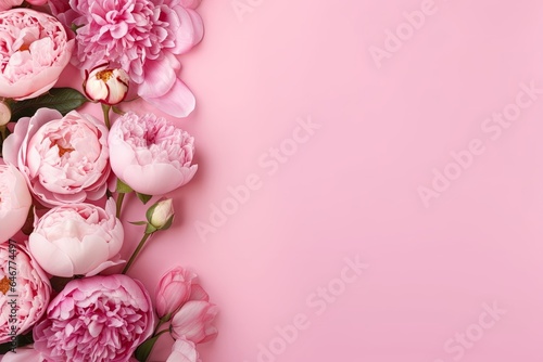 Peonies and roses on pink background with copy space. Abstract natural floral layout with space for text. Romantic feminine composition. International Women day, Mother Day, Generative AI