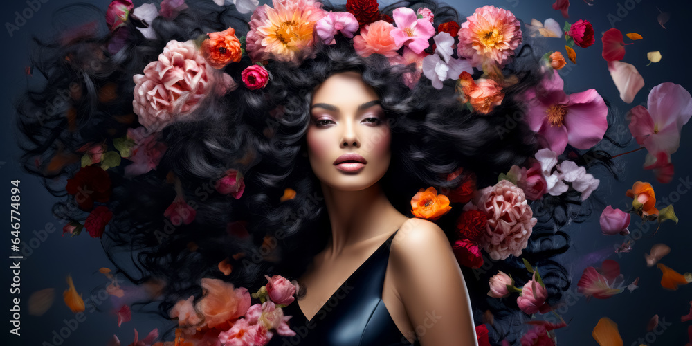 brunette with gorgeous voluminous long dense hair. flowers in hair. hair dye, hairstyle, haircare brunette with gorgeous voluminous long dense hair. flowers in hair. hair dye, hairstyle, haircare