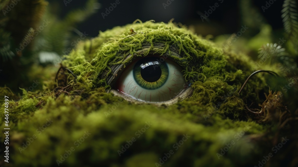 Fototapeta premium Surreal creepy green moss covered eye of the swamp, nature watches, eye of the beholder, guardian keeping a close eye, observing every move - generative AI 