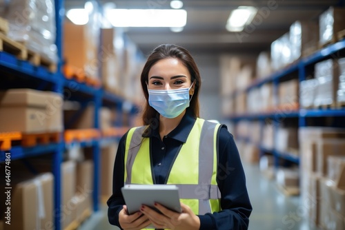 Female employees in uniform Wear a mask to work in the warehouse.