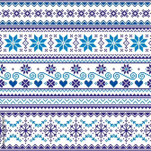 Christmas vector greeting card pattern with blue  stars and snowflakes - Scandinavian knnitting, cross-stitch design
