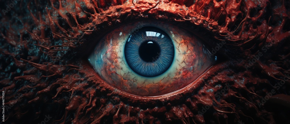 Surreal creepy bulging blue eye with bloody veins opening from rotting flesh, scary all seeing beholder, demonic big brother keeping watch, horror stalker - generative AI - obrazy, fototapety, plakaty 