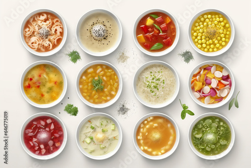 Composition with various soups, ingredients and space for text on white background. Healthy food, high definition soups, slight top view, compilation, white background. AI Generative